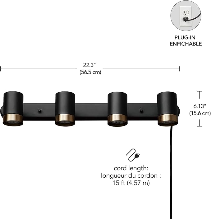 Globe Electric 64000047 4-Light Complete Track Lighting Kit with Pivoting Track Heads, Matte Black, Plug-in, Ceiling Light, Kitchen Light, GU10 Socket, LED Bulb Compatible