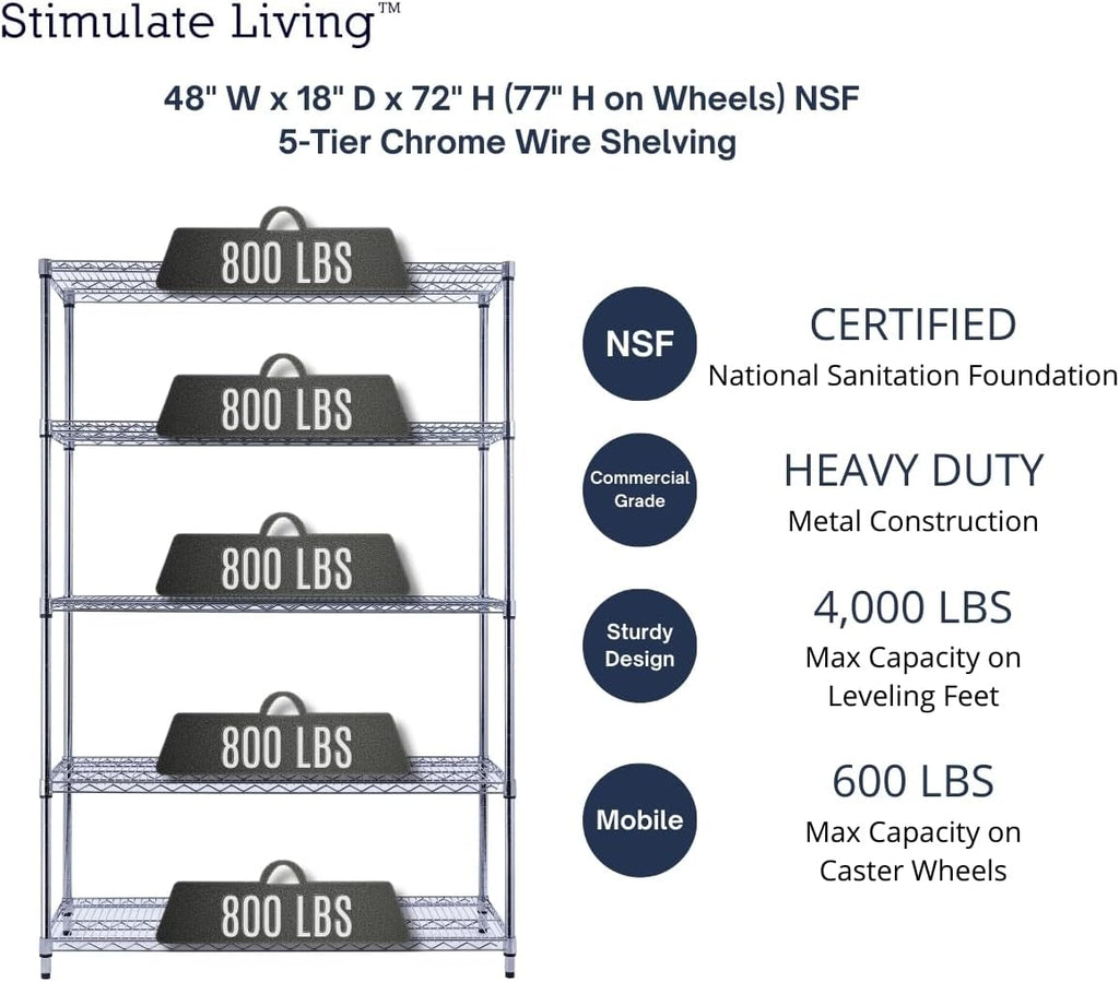 48"x18"x72" PRIME HEAVY DUTY Chrome 5-Tier Wire Shelving NSF 4000 LBS MAX Capacity Storage Rack for Commercial, School, Home, Garage, Warehouse, Industrial, and Hospital Uses (with Wheels)