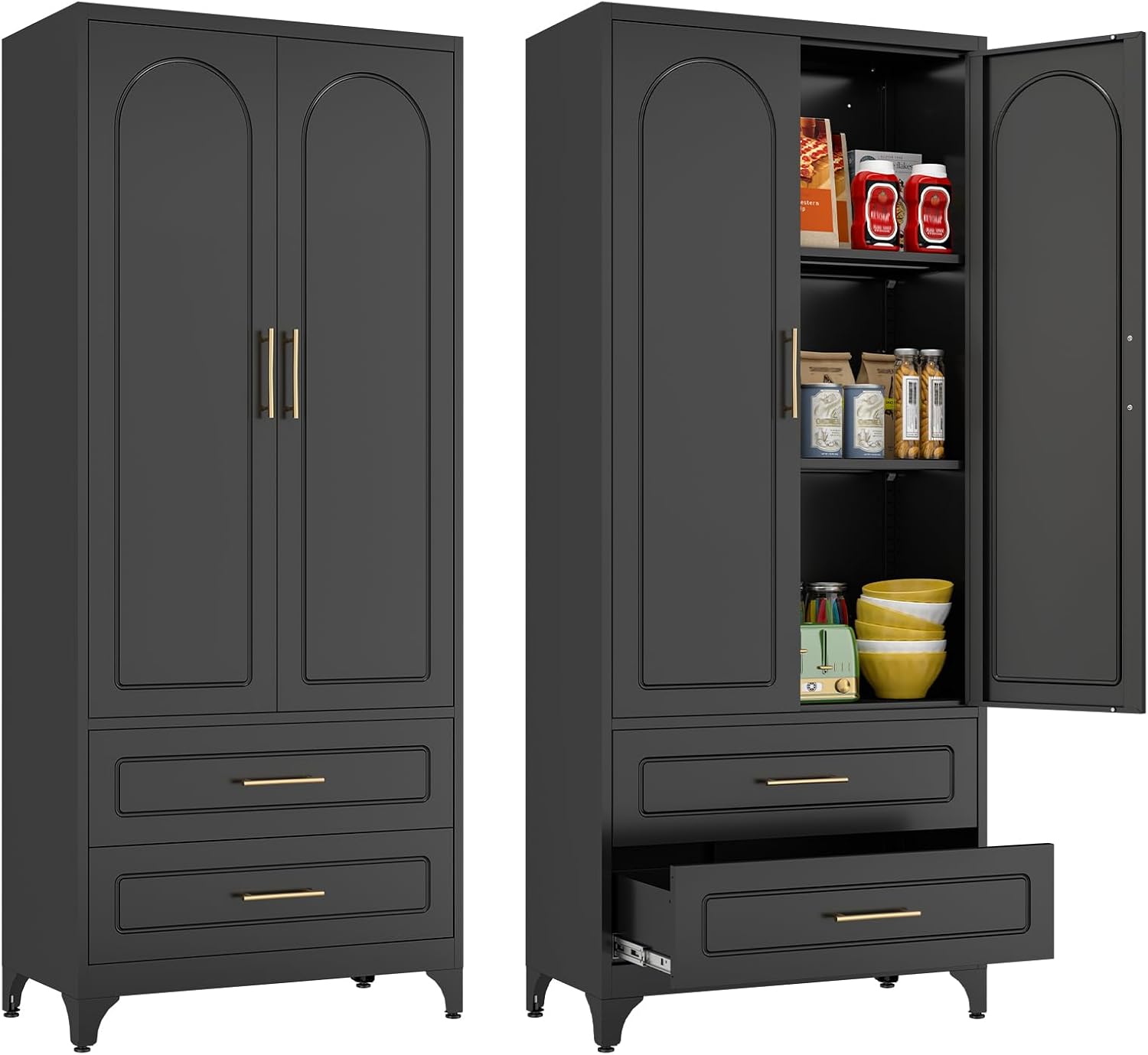 Kitchen Pantry Cabinet, 75" Tall Metal Pantry Cabinet with Two Drawers, Food Cupboards with Doors and Shelves, Freestanding Storage Cabinets for Dining, Living Room, Black, Assembly Required