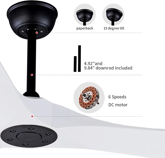 Bigzone 70" Large White Ceiling Fan With Remote Control, DC Motor Quiet Energy Saving,3 White Balsa Wood Blades,Outdoor/Indoor Ceiling Fan With Reversible Blades