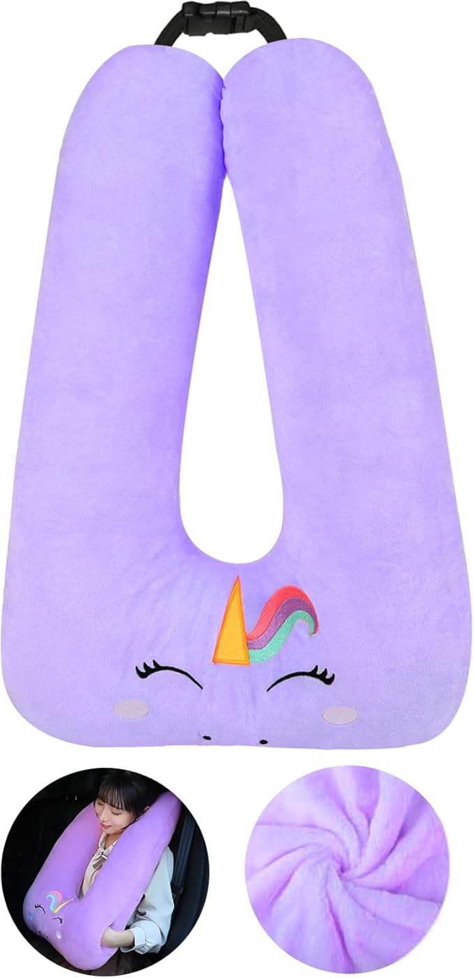 Kids Travel Pillow for Car Seat with Hand Muff, Cartoon Neck & Headrest Seat Belt Pillow for Car Road Trips Long-Distance Travel Sleeping Pillow for Adults and Children, Purple Unicorn