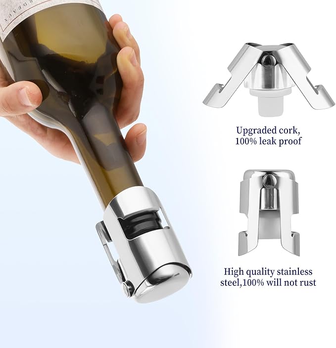 2Pcs Champagne Stoppers, Stainless Steel Wine Stopper, Food Grade Silicone Sparkling Wine Bottle Stoppers for Storing Champagne and Sparkling Wine, Leak-Proof, Sealed, Reusable (Silver)