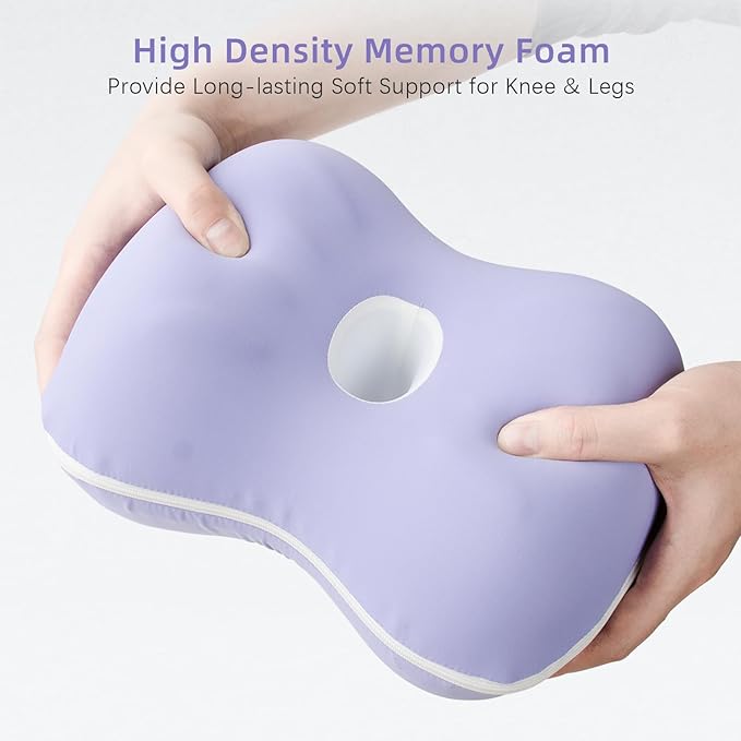 Knee Pillow for Side Sleepers - Memory Foam Knee Pillow with Cooling Cover, Leg Pillow for Side Sleeping - Leg Positioner Pillows for Sciatica Hip Pain & Spine Alignment (Soft Purple)