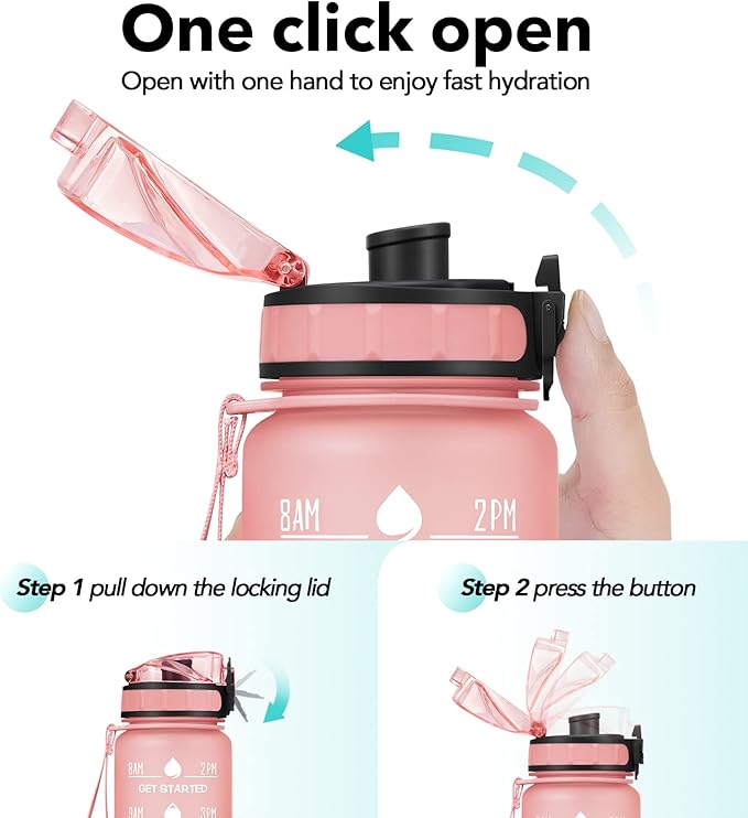 32oz Motivational Water Bottle with Time Marker & Fruit Strainer, Leak-proof BPA Free Non-Toxic 1l Bottle with Carrying Strap, Perfect for Fitness, Gym and Outdoor Sports (Rose Quartz)