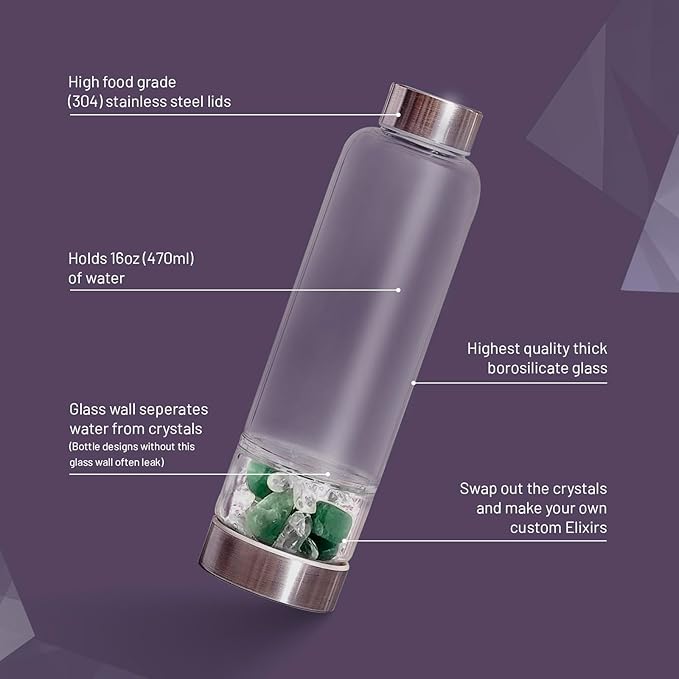 Crystal Water Bottle Elixir Set | Includes Authentic Green Beryl & Clear Quartz Healing Crystals | Black Neoprene Sleeve | Drink Gem Infused Water On The Go