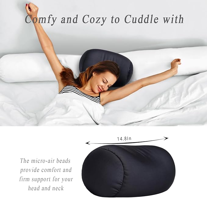 Microbead Body Pillow, Tube Microbead Bolster Bean Smooth Cool Pillow Neck Cervical Roll Pillow for Sleeping 7 x 12Inch Throw Travel Pillow(Carbon Black)