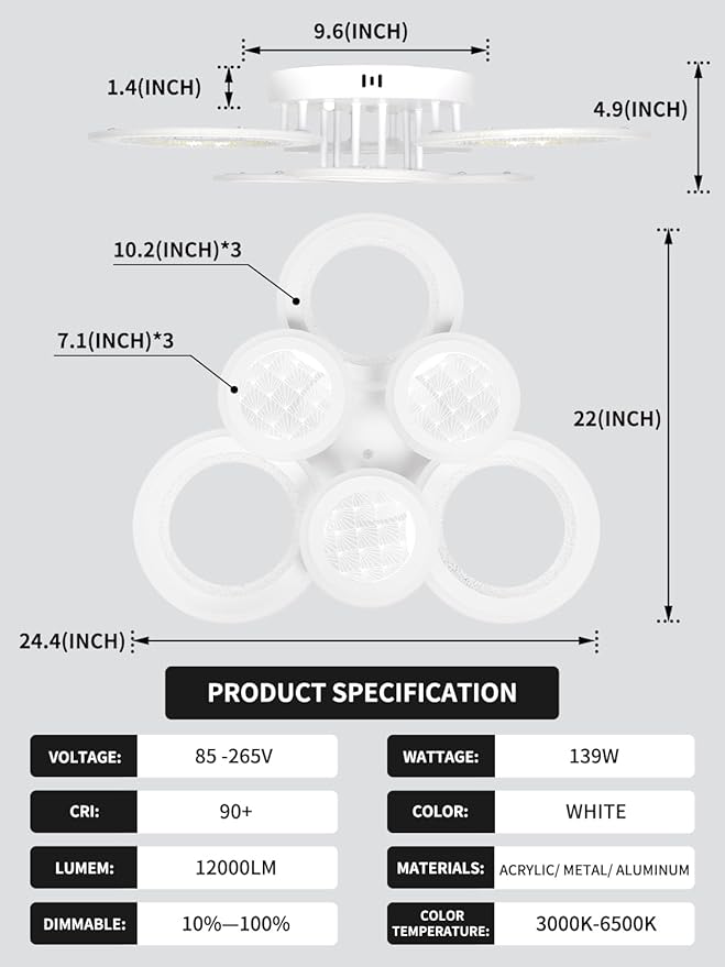 Modern LED Ceiling Light,Dimmable 3000K-6500K 3 Colors Flush Mount Ceiling Lights Fixtures 6 Rings 139W Remote LED Ceiling Lighting for Living Room,Dining Room,Kitchen,Bedroom,Office