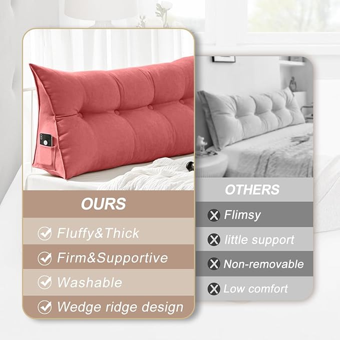 Large Triangular Headboard Pillows Long Backrest Positioning Support Bolster Cushion for Daybed Fluffy Quality Plush Body Wedge Pillow with Removable Cover(Rusty Red -Twin/Twin XL-39x8x20 in)