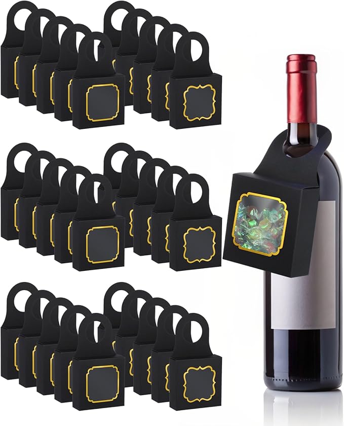 30 Pieces Wine Bottle Box with Window, Hanging Foldable Boxes for Wine, Champagne Bottle Hanger for Gifts, Empty Wine Bottles Favor for Candy Truffles Chocolate Cookies