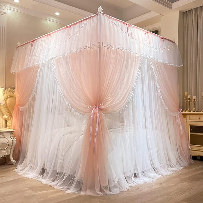 Mengersi Canopy Bed Curtains with Lights,4 Corner Bed Canopy Royal Luxurious Bed Drapes Netting,Princess Bed Curtains for Girls Adults Bedroom Decoration (Peach, Queen)
