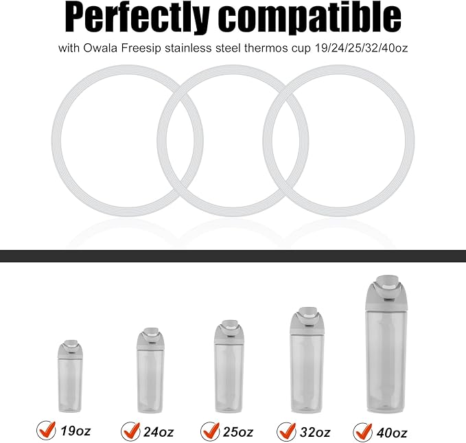3pcs Replacement Stopper Compatible with Owala Freesip 19/24/25/32/40oz, with 3pcs Silicone Seal Lid Sealing Rings, Anti Leak Water Bottle Top Cap Lid Ring Mouthpiece Parts for Owala Accessories