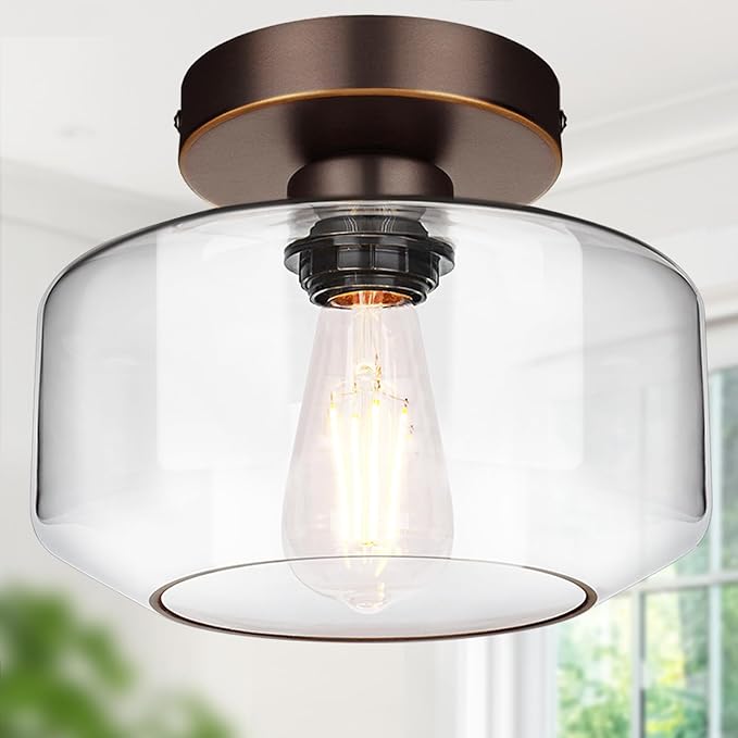Industrial Semi Flush Mount Ceiling Light Oil Rubbed Bronze, 800 Lumen LED Bulb Included, Clear Glass Shade Ceiling Light Fixture, Light Fixture for Hallway Bathroom Bedroom, Hanging Light Fixtures