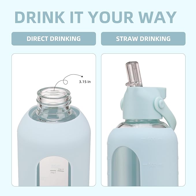 20 oz Glass Water Bottles with Straw Borosilicate Glass Water Bottle with Time Marker Motivational Water Bottles with Silicone Sleeve Leak Proof Reusable BPA Free