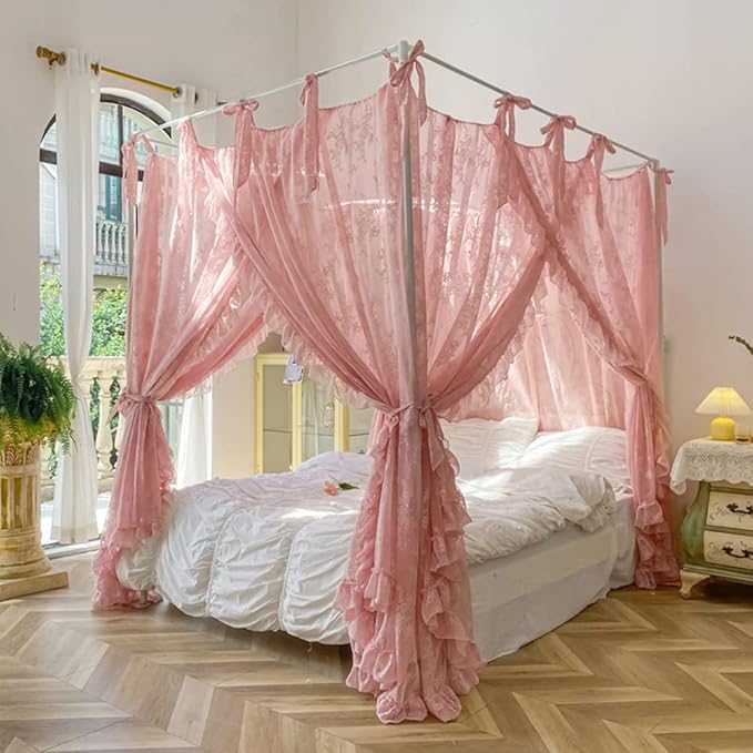 Mengersi Canopy Bed Curtains with Tie Backs,Princess Bed Canopy Curtains Bed Drapes Sheer Curtains for Bedroom Decor（King,Pink
