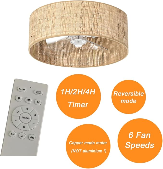 Boho Small Reversible DC Ceiling Fan with Light Fixture and Remote Control ,Flush Mount Drum Caged Enclosed Round Cage Low Profile Fandelier for Bedroom Indoor Kitchen Nursery Office Dining Room