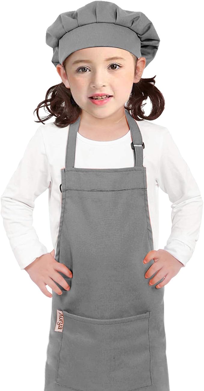 Kids Apron and Chef Hat Set-Adjustable Child Apron for Boys and Girls for Cooking Baking Dark Grey