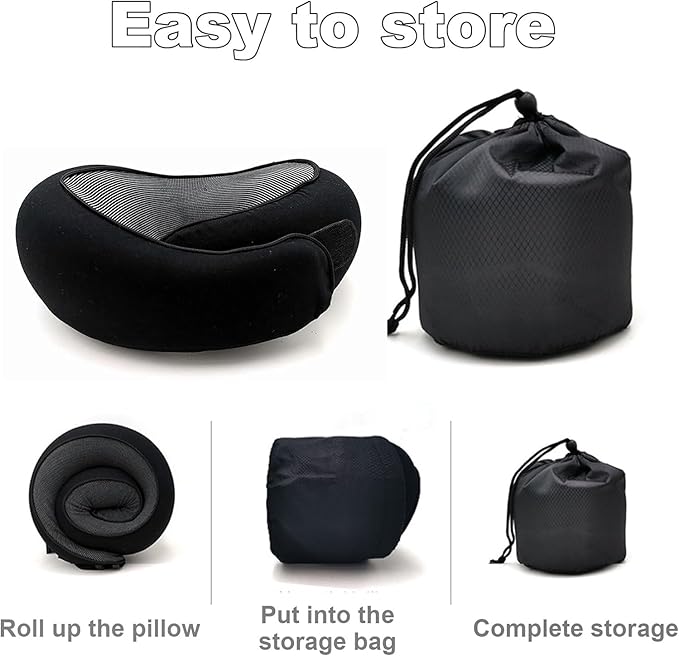 2024 Memory Foam Neck Pillow 360 Degree Neck Support Travel Pillows for Airplanes and Long Flight Travel Neck Pillow (Navy Blue-with Strap)