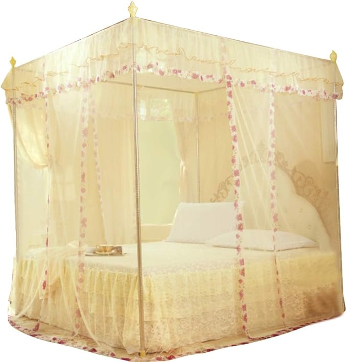 Luxury Princess 3 Side Openings Post Pink Bed Curtains,Four Corner Bedding Bed Canopy net for Bed Princess Bed Girls Room(No Bracket) (Yellow)