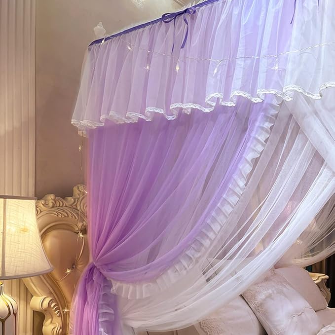 Mengersi Canopy Bed Curtains with Lights,4 Corner Bed Canopy Royal Luxurious Bed Drapes Netting,Princess Bed Curtains for Girls Adults Bedroom Decoration (Purple, King)