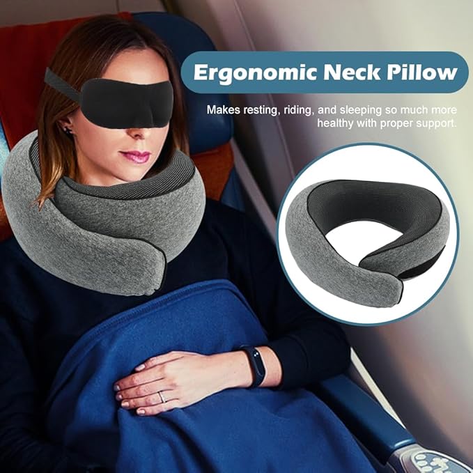 Travel Neck Pillow with Eye Covers,2pcs Earplug and Drawstring Bag,Memory Foam Travel Pillow,360° Adjustable Full Surrounding Flying Neck Pillows,for Traveling,Car,Home,Office