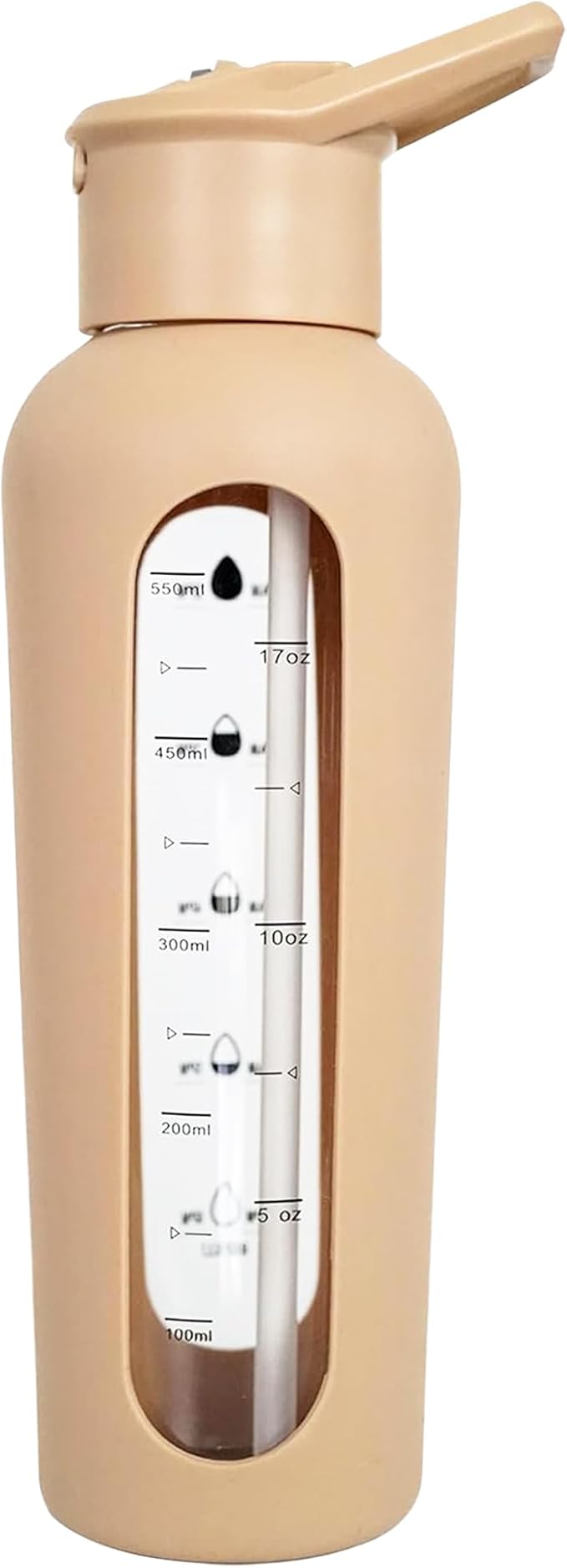 24oz Glass Motivational Water Bottle with Flip Lid Straw, Silicone Protective Sleeve, Handle, Reusable BPA Free (Amber)