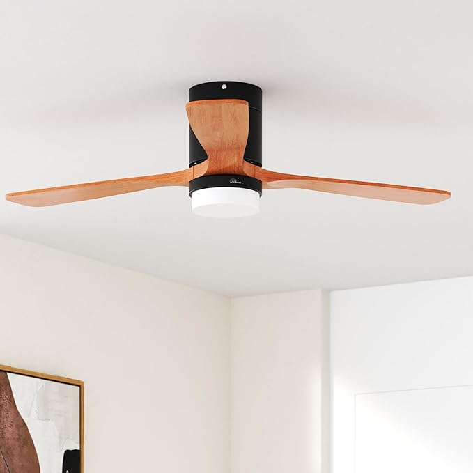 Sofucor 52 inch Ceiling Fan with Lights and Remote Control, Flush Mount Wood Ceiling Fan with Quiet Energy Saving DC Motor, for Living Room, Bedroom and Covered Outdoor