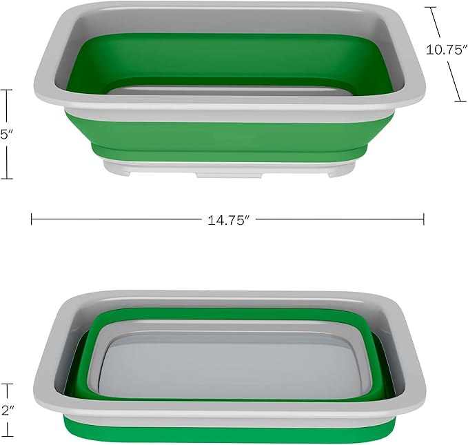 Set of 2 Multipurpose Wash Bins – 10-Liter Basins for Camping, Parties, or Cleaning – Collapsible Bucket Set by Wakeman (Green)