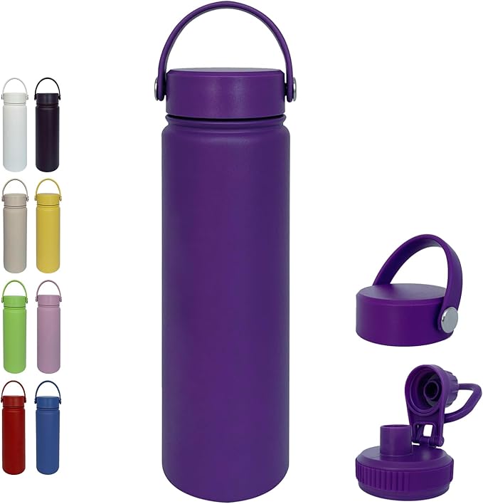 22oz Insulated Water Bottle ，Stainless Steel Sports Water Cup Flask with 2 Lids, Wide Mouth Travel Thermal Mug,Outdoor Sports Bottle（Purple）