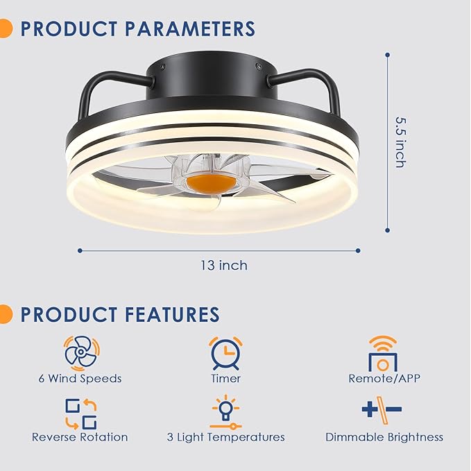 Ceiling Fans with Lights - 13" Bladeless Flush Mount Ceiling Fans with Remote and Led Light, 3CCT 6 Speeds 2 Timer, Black Low Profile Ceiling Fan Light for Modern Indoor Bedroom