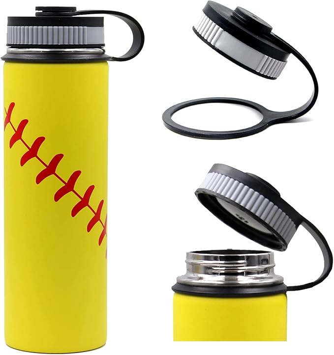 22 oz Softball Water Bottle, Sports Flask Metal Travel Tumbler with 2 Lids 18/8 Stainless Steel Double Wall Vacuum Insulated Hot/Cold (22oz, Yellow Softball)