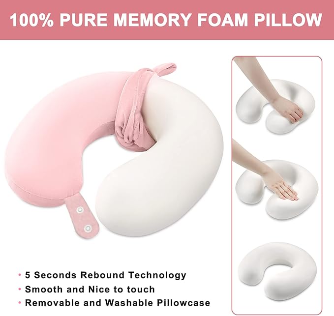 Travel Neck Pillow Airplane, Soft Memory Foam Support Head Neck Chin, with Removale Cover and Adjustable Snap Button, Comfortable Sleeping in Plane Car Train Traveling Office, Light Pink