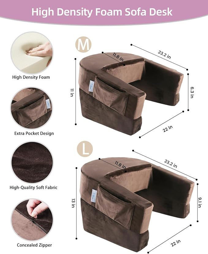 Weighted Idea Reading Pillow for Gaming, Meduim Gaming Pillow for Adult，Table Pillow with 2 Side Pockets for Gaming, Reading, Working Sitting in Bed Floor Sofa (Brown)