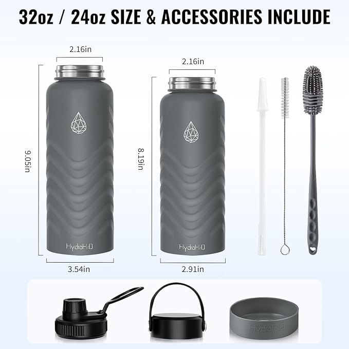 24 oz Insulated Water Bottle - Gray Water Bottle with Straw (Straw Lid & Spout Lid) & Silicone Handle & Boot - Wide Mouth Stainless Steel Water Bottles - BPA Free - (Gray, 750ml)
