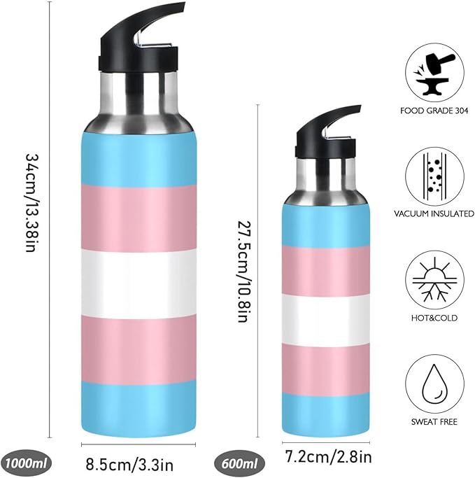 20 OZ Transgender Pride Flag Sports Water Bottle,Double Wall Vacuum Insulated Stainless Steel Pride Water Bottle with Straw Keeps Hot and Cold,Bike Running Travel Gym, Pride Month Day Gifts