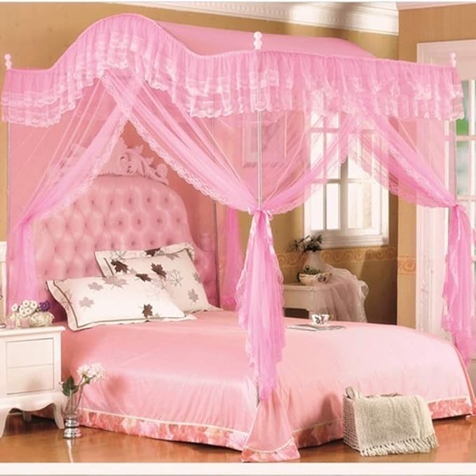 Mengersi Arched 4 Corners Post Bed Curtain Canopy Net Square Princess Fly Screen, Indoor Outdoor (Queen, Pink)