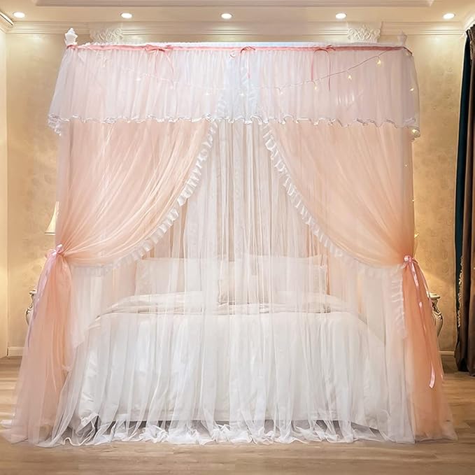 Mengersi Canopy Bed Curtains with Lights,4 Corner Bed Canopy Royal Luxurious Bed Drapes Netting,Princess Bed Curtains for Girls Adults Bedroom Decoration (Peach, Twin)