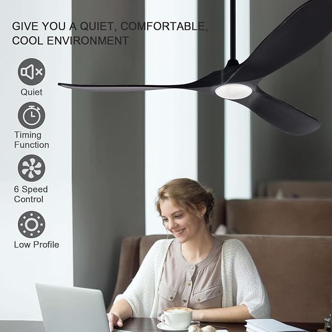 BOJUE 60 Inch Ceiling Fan with Lights Indoor Outdoor Black Ceiling Fan 3 Wooden Blades Remote Control with Light Modern Ceiling Fan for Porch Living Room Bedroom