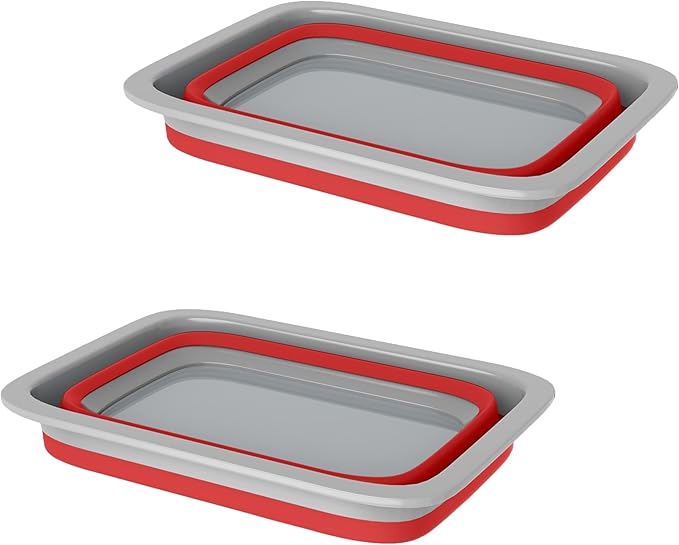 Set of 2 Multipurpose Wash Bins – 10-Liter Basins for Camping, Parties, or Cleaning – Collapsible Bucket Set by Wakeman (Red)