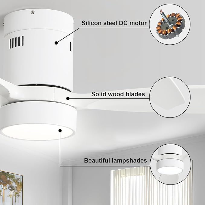 Sofucor 52 Inch Low Profile Ceiling Fan with Lights Remote Control Wood Blades Reversible DC Motor Modern Ceiling Fan for Kitchen, Bedroom, Basement, Dining, Living Room, White wood