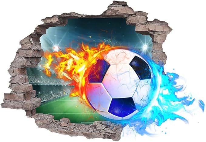 3D Soccer Wall Stickers Removable Soccer Wall Decals for Boys Break Through The Wall Vinyl Football Soccer Wall Stickers Murals Vinyls Decals for Teenager Room Playroom Decor (T0206)