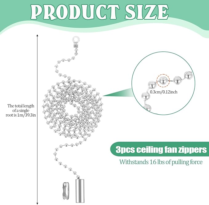 3 Pack Pull Chain String Extension Ceiling Fan Pull Chain Stainless Steel Switch Chain Extender wif Connector, for Ceiling Fan Light Fixture Light Bulb,1 Meter Length(Silver)