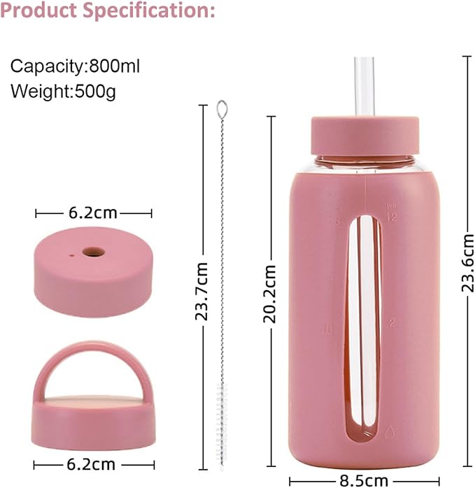 27 Oz Hydration Bottle,Minimalist Glass Water Bottle With Silicone Sleeve,Wide Mouth Opening With 2 Lids,Train Straws,Gift for Kids/Adults,Sport Glass Water Bottle for Gym/Yoga/Outdoor (Pink, 27 oz)