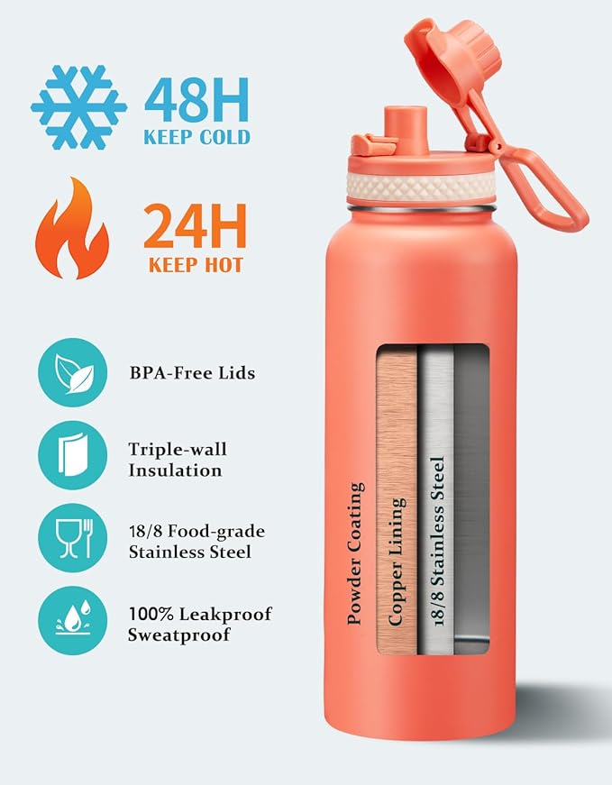 40 oz Insulated Water Bottle - (Cold 48H) Metal Water Jug with Straw & Auto Spout Lids, Leak Proof Coldest Stainless Steel Flask with Carrying Pouch, Paracord Handle for Gym Hiking Work, Coral Orange
