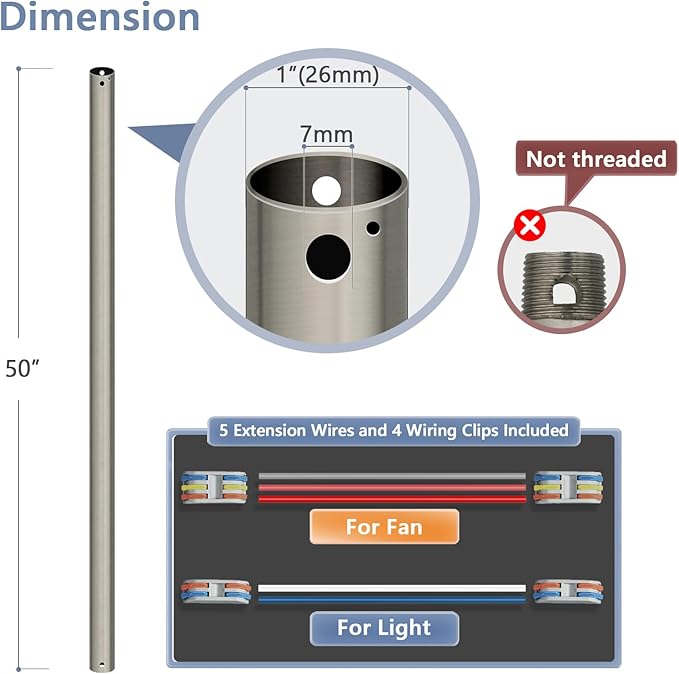 50" Ceiling Fan Downrod, 【1 Outside Diameter】 Brushed Nickel Extended Downrod, including 4 Wire Connectors and 5 Extension Wires (No Threads)