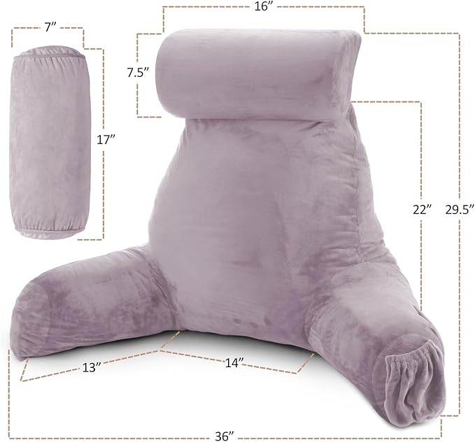 Nestl Reading Pillow Large Bed Pillow, Back Pillow for Sitting in Bed Shredded Memory Foam Chair Pillow, Reading & Bed Rest Pillows Dusty Purple Back Pillow for Bed, Bed Chair Arm Pillow with Pockets