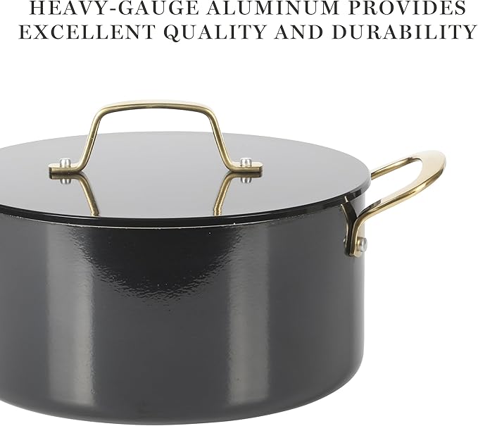 Martha Stewart Galway Premium Nonstick PFA Free Ceramic Interior 10 Piece Heavy Gauge Enamel Aluminum Pots and Pans Cookware Set W/Aluminum Lids - Black W/Gold Handle