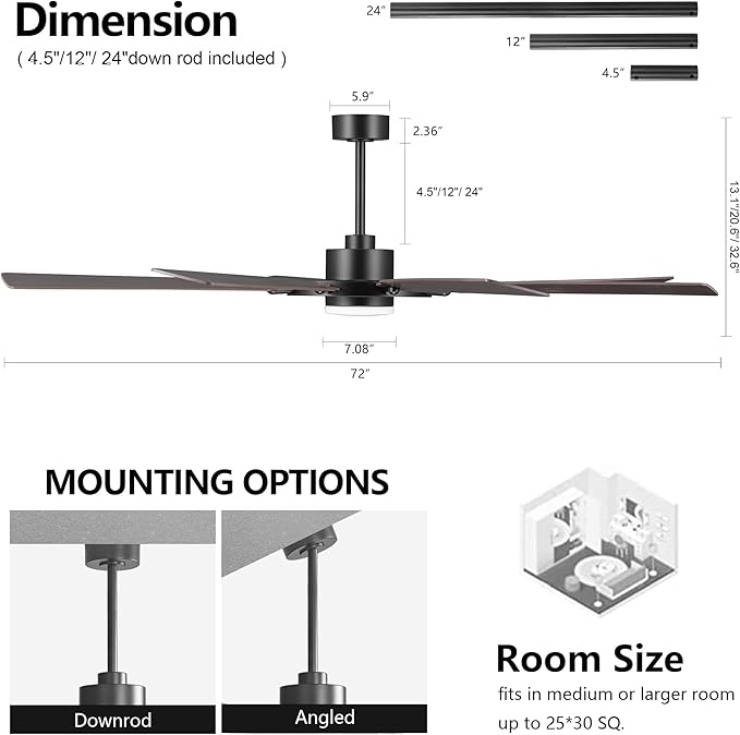 60/80 inch Ceiling Fan (Black-Walnut, 72" (LED Light / 3 Downrods))