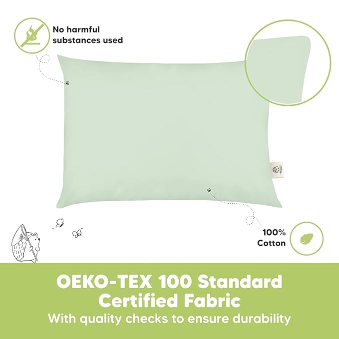 2-Pack Toddler Pillow - Soft Organic Cotton Toddler Pillows for Sleeping - 13X18 Small Pillow for Kids - Kids Pillows for Sleeping - Kids Pillow for Travel, School, Nap, Age 2 to 5 (Sage)