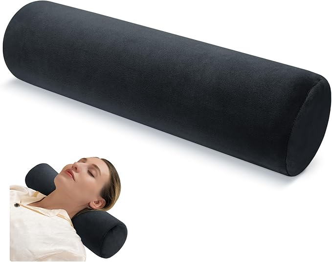 Cervical Neck Pillow Roll Memory Foam Support Round Pillows for Pain Relief Sleeping, Bed, Legs, Back and Yoga Black 17 x 4.5 Inches