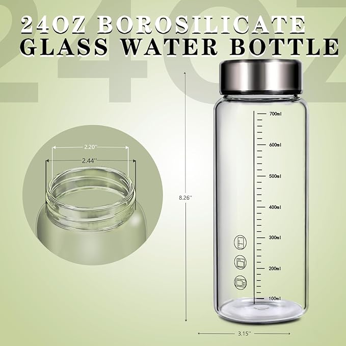 24oz Glass Water Bottle,Wide Mouth Glass Drinking Bottle,Large Sports Bottle,Juice Bbottle with Sleeve,Reusable Water Bottle